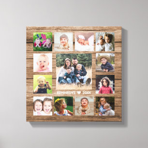 Rustiek hout 13 foto collage familienaam Keepsake Canvas Afdruk