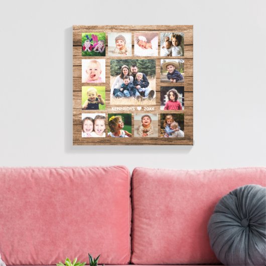 Rustiek hout 13 foto collage familienaam Keepsake Canvas Afdruk (Insitu (Woonkamer))