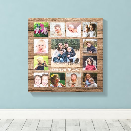 Rustiek hout 13 foto collage familienaam Keepsake Canvas Afdruk (Insitu (Houten vloer))