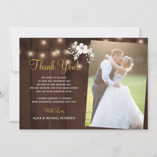 Rustiek hout 2 foto's winter bruiloft dank u bedankkaart (Voorkant)