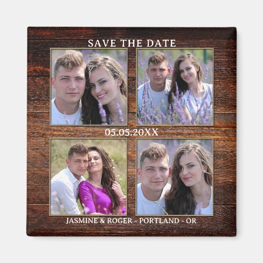 Rustiek hout 4 aangepaste foto's opslaan van de da magneet (Voorkant)