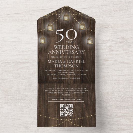 Rustiek hout 50e bruiloft Jubileum All In One Uitnodiging (Binnen)