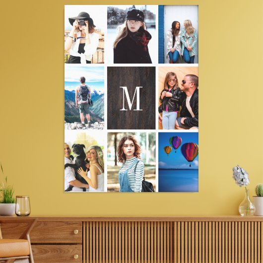 Rustiek Hout 8 Foto Collage Monogram Gepersonalise Canvas Afdruk (Insitu (Woonkamer))