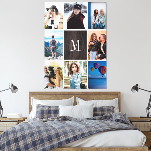 Rustiek Hout 8 Foto Collage Monogram Gepersonalise Canvas Afdruk (Insitu (Slaapkamer))