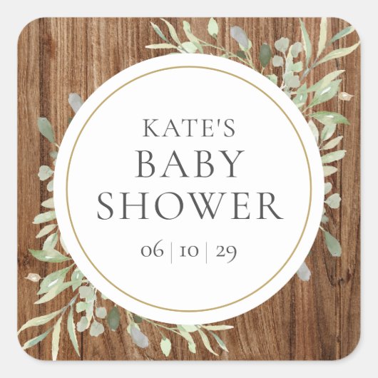 Rustiek Hout Aquarel Groen Baby shower Vierkante Sticker (Voorkant)