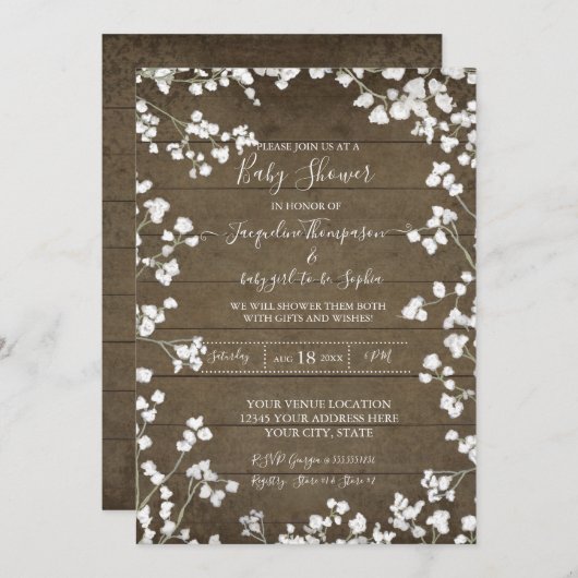 Rustiek Hout Baby's Adem Bloemen Baby Meisje Douch Kaart (Voorkant / Achterkant)