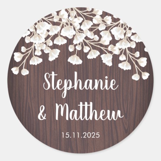 Rustiek hout baby's adem gipsophila bruiloft ronde sticker (Voorkant)