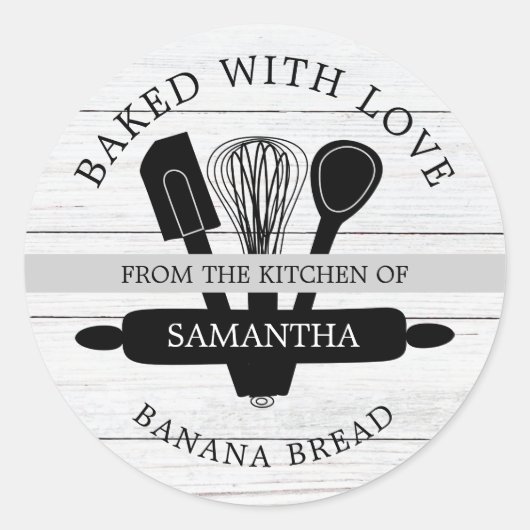 Rustiek hout banaan brood gebakken met liefde ronde sticker (Voorkant)