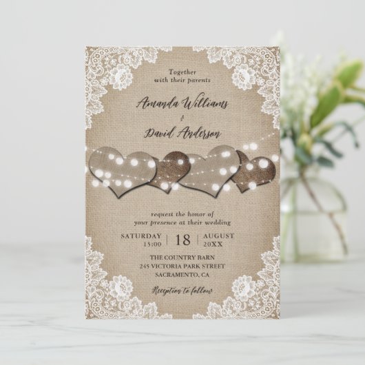 Rustiek Hout Beige Burlap Witte Bloemen Lace Weddi Kaart (Staand voorkant)
