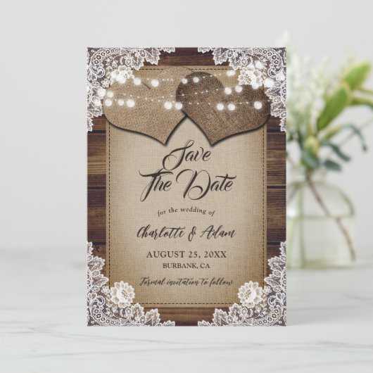 Rustiek Hout Beige Burlap Witte Bloemen Lace Weddi Save The Date (Staand voorkant)