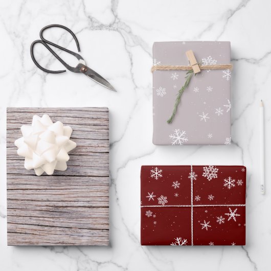 Rustiek Hout Beige Rode Sneeuwvlok Patroon Kerstmi Inpakpapier Vel (Voorkant)