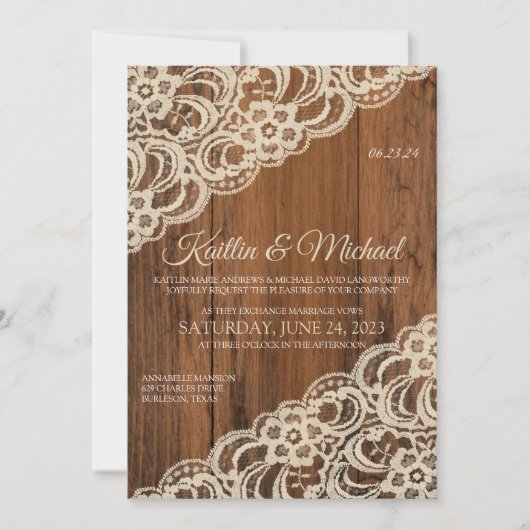 Rustiek Hout & Beige / Tan Lace bruiloft uitnodigi Kaart (Voorkant)