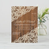Rustiek Hout & Beige / Tan Lace bruiloft uitnodigi Kaart (Staand voorkant)