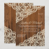 Rustiek Hout & Beige / Tan Lace bruiloft uitnodigi Kaart (Voorkant / Achterkant)