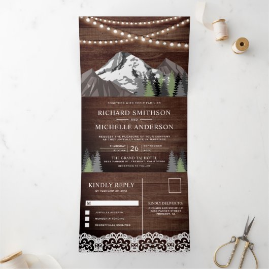 Rustiek Hout Berg Bos String Lights Bruiloft Drieluik Uitnodiging (Binnen)