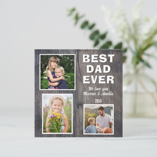 Rustiek Hout Beste Pap 3 Foto Collage Vaderdag Feestdagenkaart (Staand voorkant)