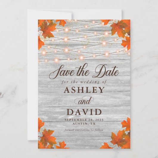 Rustiek hout Bewaar de datum String Lights Fotokaa Save The Date (Voorkant)