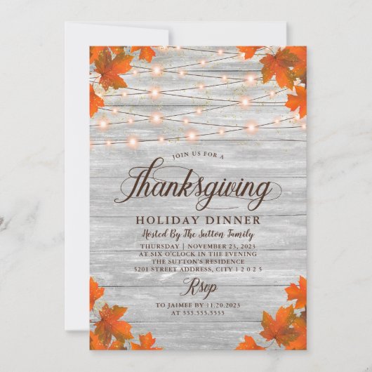 Rustiek hout bladeren String Lights Thanksgiving Kaart (Voorkant)