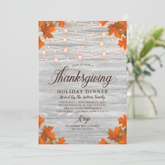 Rustiek hout bladeren String Lights Thanksgiving Kaart (Staand voorkant)