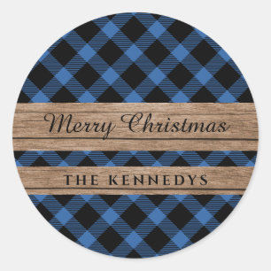 Rustiek Hout Blauw en Zwart Buffel Plaid Kerstmis Ronde Sticker