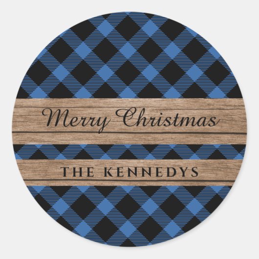 Rustiek Hout Blauw en Zwart Buffel Plaid Kerstmis Ronde Sticker (Voorkant)