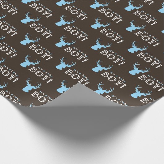 Rustiek Hout Blauw Herten Jongen Baby shower Cadeaupapier (Hoek)