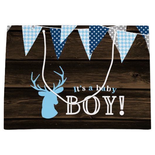 Rustiek Hout Blauw Herten Jongen Baby shower Groot Cadeauzakje (Voorkant)