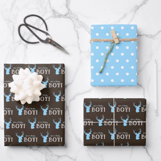 Rustiek Hout Blauw Herten Jongen Baby shower Inpakpapier Vel (Voorkant)