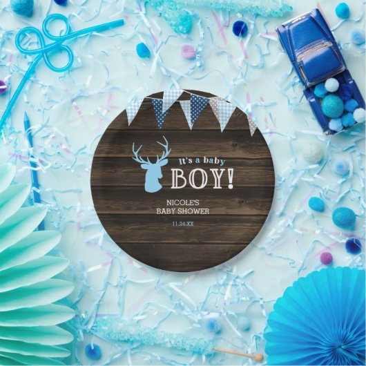 Rustiek Hout Blauw Herten Jongen Baby shower Papieren Bordje (Feest)