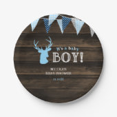 Rustiek Hout Blauw Herten Jongen Baby shower Papieren Bordje (Voorkant)