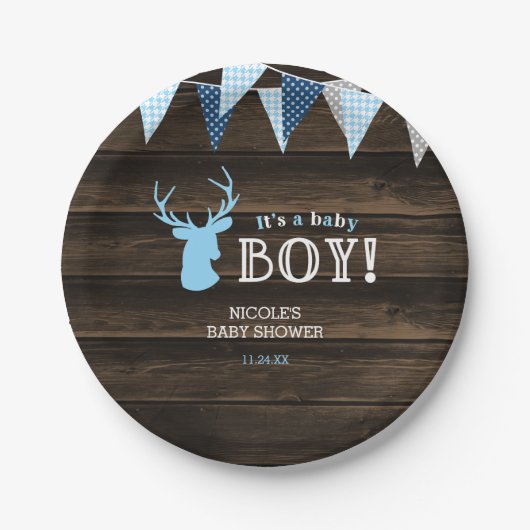 Rustiek Hout Blauw Herten Jongen Baby shower Papieren Bordje (Voorkant)