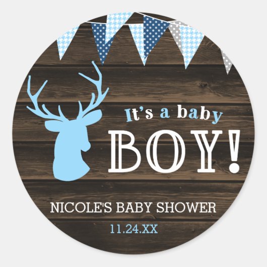 Rustiek Hout Blauw Herten Jongen Baby shower Ronde Sticker (Voorkant)