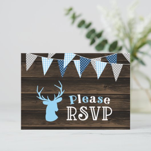 Rustiek Hout Blauw Herten Jongen Baby shower RSVP (Staand voorkant)