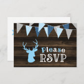 Rustiek Hout Blauw Herten Jongen Baby shower RSVP (Voorkant / Achterkant)