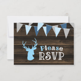 Rustiek Hout Blauw Herten Jongen Baby shower RSVP Kaartje