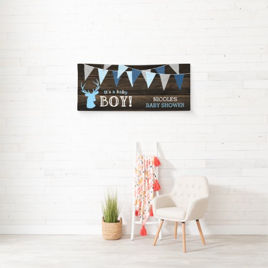 Rustiek Hout Blauw Herten Jongen Baby shower Spandoek (Insitu)