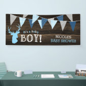 Rustiek Hout Blauw Herten Jongen Baby shower Spandoek (Beurs)