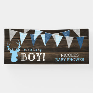 Rustiek Hout Blauw Herten Jongen Baby shower Spandoek