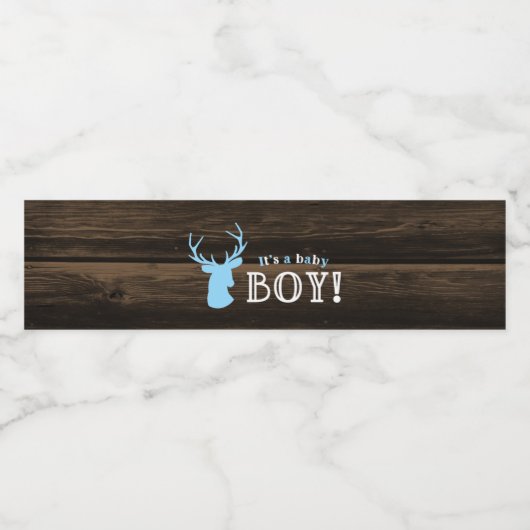 Rustiek Hout Blauw Herten Jongen Baby shower Waterfles Etiket (Enkel label)