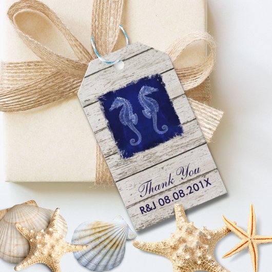 Rustiek hout  blauw zeepaardje bruiloft gunst cadeaulabel