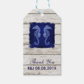 Rustiek hout  blauw zeepaardje bruiloft gunst cadeaulabel (Voorkant)