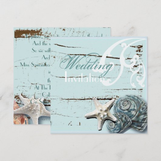 Rustiek Hout Blauw Zeeschelp Coastal Beach Wedding Kaart (Voorkant / Achterkant)