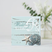 Rustiek Hout Blauw Zeeschelp Coastal Beach Wedding Kaart (Staand voorkant)