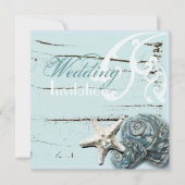 Rustiek Hout Blauw Zeeschelp Coastal Beach Wedding Kaart (Voorkant)