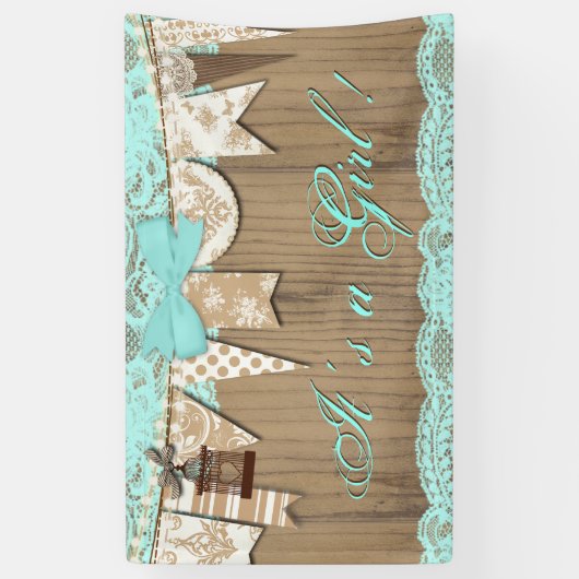 Rustiek Hout Blauwgroen Blauw Kant Meisje Baby sho Spandoek (Verticaal)