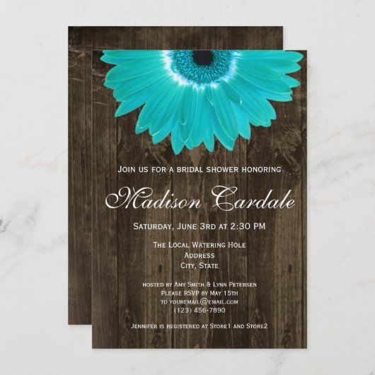 Rustiek Hout Blauwgroen Daisy Bridal Shower Invita Kaart (Voorkant / Achterkant)