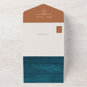 Rustiek Hout Blauwgroen en Terracotta bruiloft All In One Uitnodiging (Buitenkant)