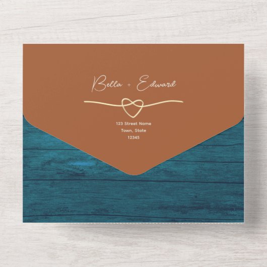Rustiek Hout Blauwgroen en Terracotta bruiloft All In One Uitnodiging (Achterkant)