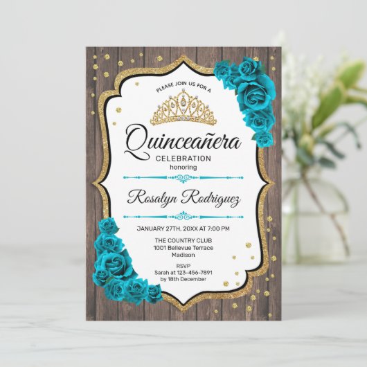 Rustiek Hout Blauwgroen Wit Goud Quinceanera Kaart (Staand voorkant)