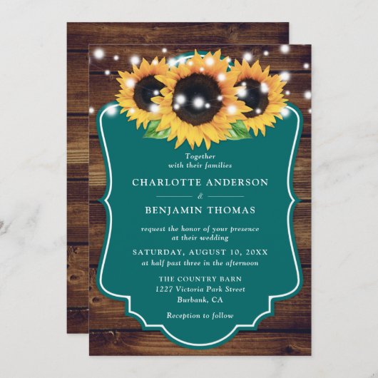 Rustiek Hout Blauwgroen Zonnebloem Bruiloft Uitnod Kaart (Voorkant / Achterkant)